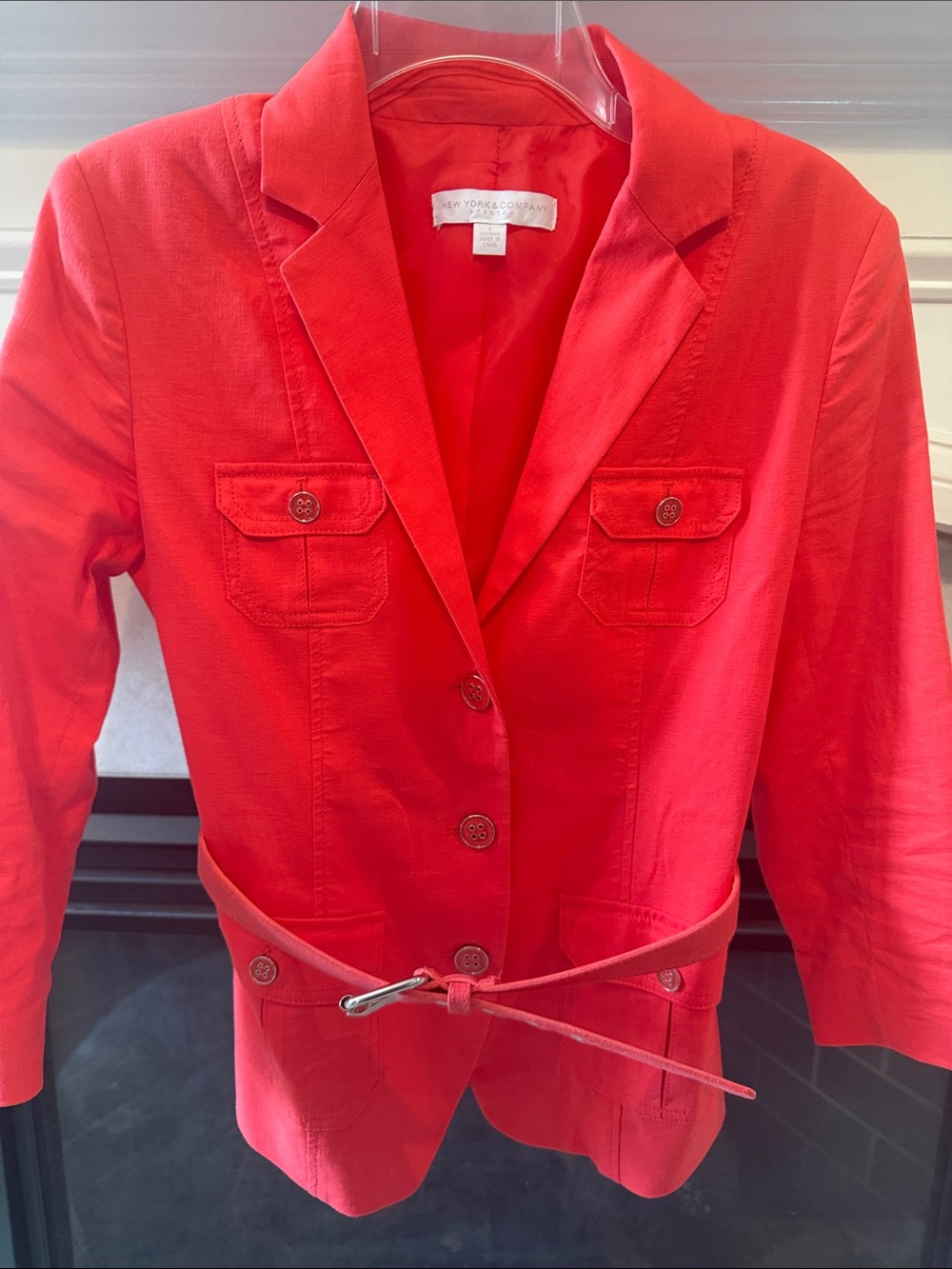 New York & Company Vibrant Coral Red Belted Women's Blazer